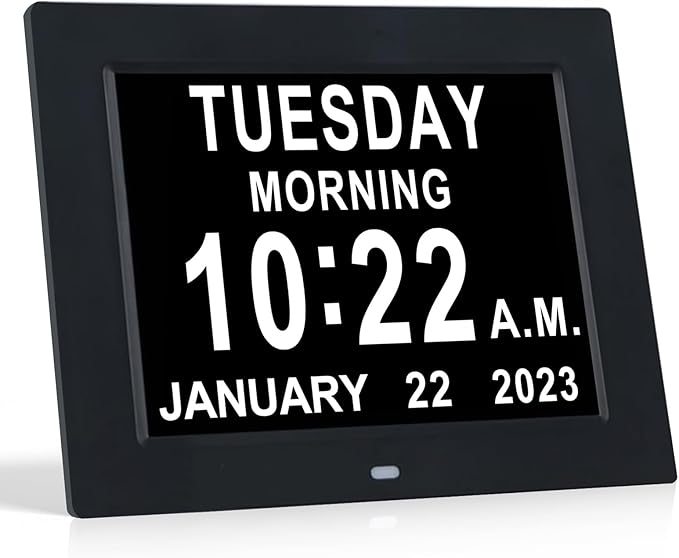 TMC 8 Inch Dementia Clock for Seniors – Large Auto-Dimming Calendar Display with Date & Time, Multi-Language Support, Medicine Reminders & Alarms – Wall or Desk Mount, Integrated Stand (Black, SD)