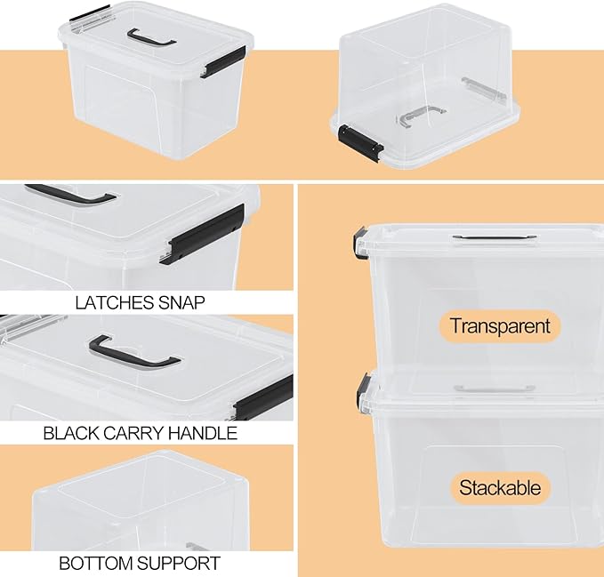 Drephia 10.5 Quart Clear Plastic Storage Box/Container with Handle, Plastic Storage Bin with Lid, 4 Packs
