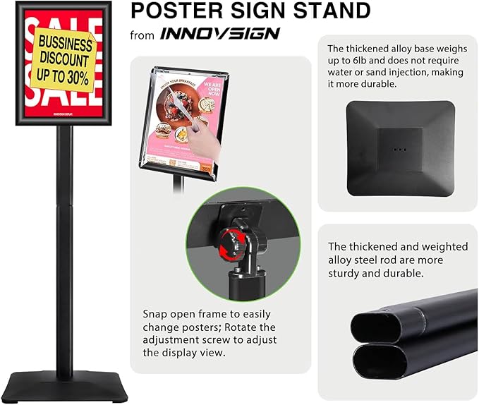 INNOVSIGN Heavy Duty Adjustable Pedestal Poster Sign Stand, 8.5x11 Aluminum Open Floor Standing Sign Holder for Vertical and Horizontal View Display (8.5x11,Black)