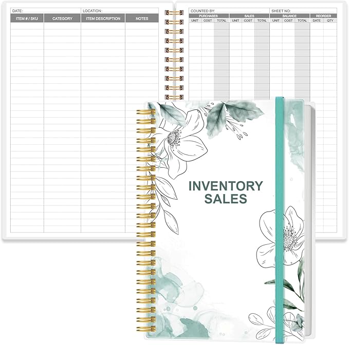 Inventory & Sales Log Book for Small Business – Inventory Ledger Book, Inventory Notebook, Order Tracker for Purchases, Sales & Reorders, 5.8" x 8.5", Teal Floral