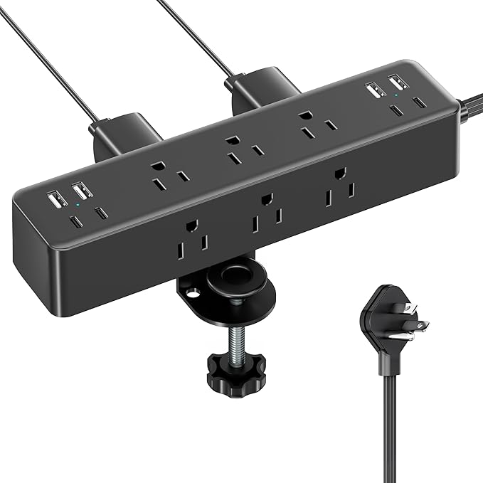 Flat Plug Desk Clamp Power Strip 10FT, 24W Total Charging Station, Desk Edge Mount Power Strip 9 AC Outlets 8 USB Ports Surge Protector, Fit 1.7" Tabletop Edge, Home Office Accessories