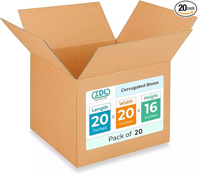 Extra Large Shipping & Moving Boxes 20"L x 20"W x 16"H (20-Pack) - Extra Strength 200 lb vs Regular - Corrugated Packing Boxes for Moving - Packing Box - Large Box for Packaging by IDL Packaging