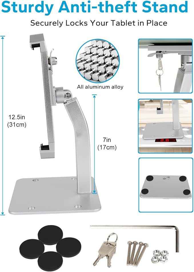 GDZN Anti-Theft Tablet Kiosk Stand with Lock, [Aluminum Arm] Desk Security POS Tablet Stand for Retail/Commercial/Trade Show, Heavy Duty Adjustable iPad Mount for iPad Pro, Galaxy tab, 9-14" Devices
