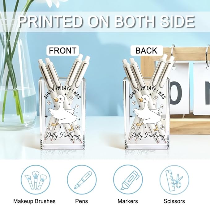 QYUVK Sorry I'm Late I Was Dilly Dallying Acrylic Makeup Brush Pencil Holder Cup, Funny Silly Goose Pen Holder Cup Gifts for Women Coworker, Cosmetic Organizer for Home Office Desk Accessories