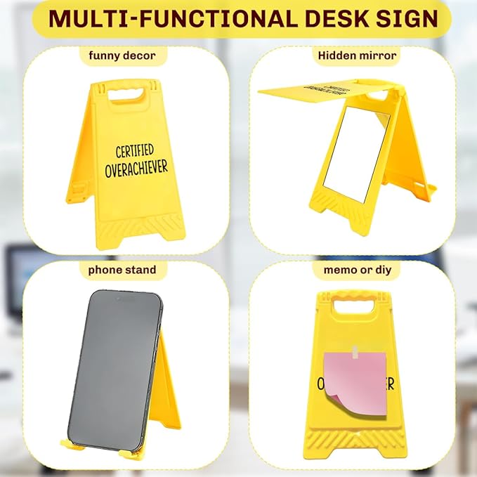 Funny Office Desk Accessories,Motivational Affirmations Office Cubicle Decor,Desk Decor,Phone Holder Mirror Acrylic Table Signs,Daily Desktop Corporate Work Humor Gifts for Coworker HR(Overachiever)