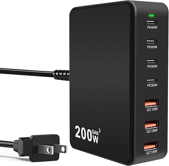 USB C Charger Block 200W 7 Port GaN Fast Charging Block Station, Multiport PD QC3.0 Brick Hub Compatible with Laptop MacBook Pro/Air, iPad, iPhone 17/16/15, Galaxy S23/22, DELL, Steam Deck(Black)