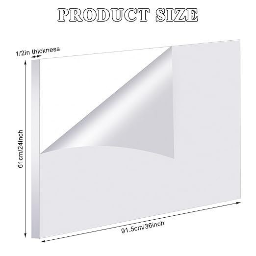 Roowest 1 Pcs 24 x 36 Inch, 1/2 Inch Thick Clear Acrylic Sheets Transparent Plastic Panels Sheets Cut to Size Cast Acrylic Board Panel with Protective Film for Craft DIY Project Sign Frame