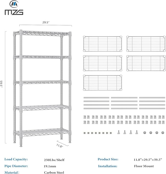 M MZG 1250 lbs 5 Tier Shelf Metal Storage Shelves Wire Rack Closet Organizers for Garage Kitchen Bathroom Laundry White 11.8" D x 29.5" W x 59.5" H