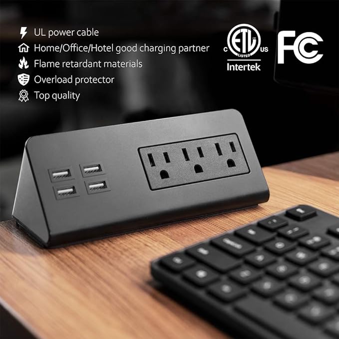 Emerising 2-Pack Desk Edge Mount Power Strips with 4 USB Ports & 3 AC Power Outlets for Home and Office Desktop Charging Bucket, 1250Joules Surge Protection,Black