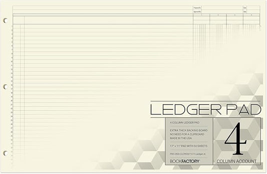 BookFactory Ledger Pad/Large 4 Column Accounting Ledger Columnar (Four Columns) Pads - 17'' x 11'', 50 Pages, Notepad Landscape Format (Made in USA)