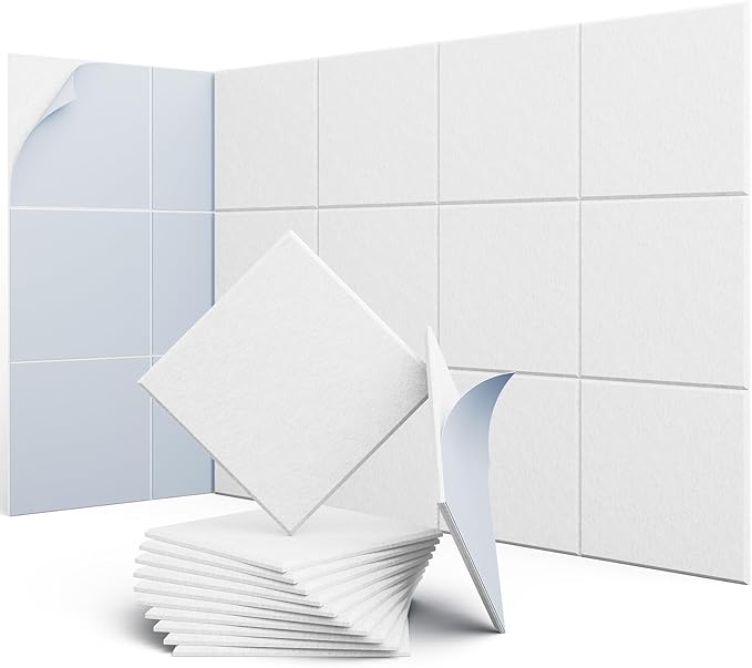 UNECHO 12 Pack 12" X 12" X 0.4" Acoustic Panels for Wall Sound Absorbing, Square Self-Adhesive Sound Panel, High Density Suitable for Multiple Scenarios(Snow White)