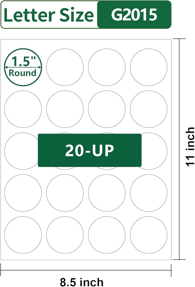 Gemsroyal 1.5 inch Round Labels Printable,Matte White Circle Labels for Printer,1-1/2" Small Printable Stickers,1.5" Blank Round Sticker Paper,40 Sheets,800 Circle Stickers,World Class Materials