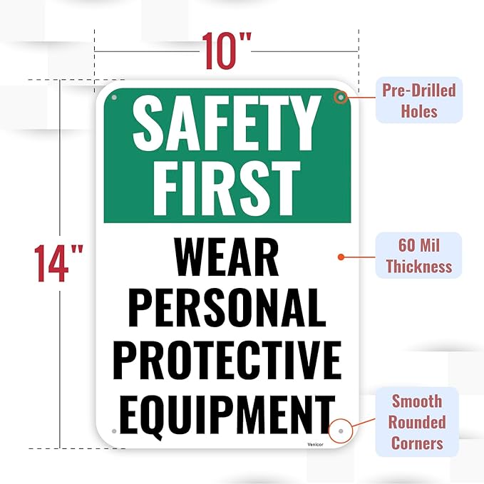 1PC Safety Sign, 14 x 10 Inches - Aluminum - Safety Decorations Posters For Workplace - Wear Personal Protective Equipment