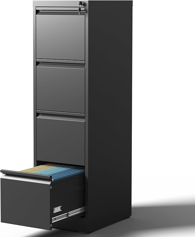 OPTYMIRA 4 Drawer Metal File Cabinet with Lock Heavy Duty Lockable Filing Cabinets Home Office Steel File Cabinet Black Vertical File Cabinets for Legal/Letter Size File,Assembly Required