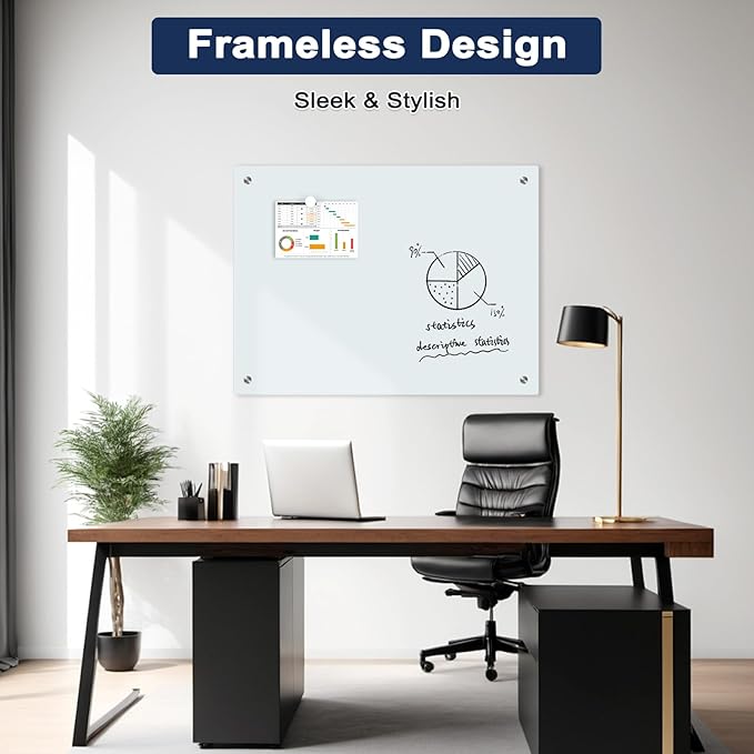 Magnetic Glass Whiteboard for Wall, 36" x 24" Glass Dry Erase Board, Large Frameless White Board for Home and Office with 1 Marker Tray - Normal White
