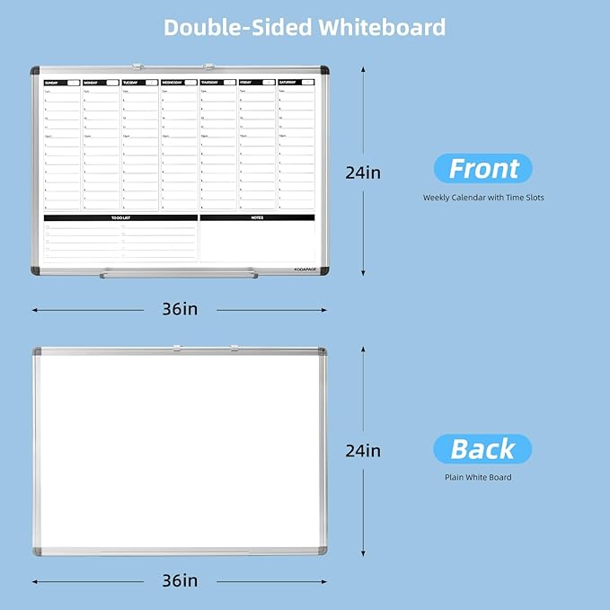 Large Weekly Dry Erase Board, Weekly Planner whiteboard with Hourly time Slots, Whiteboard Weekly Calendar for Schedule for Wall 36" X 24" Double-Sided for Office, Home and School