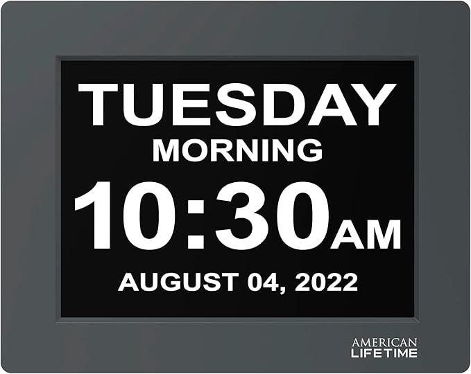 American Lifetime 【New 2024】 Dementia Clock Large Digital Clock for Seniors, Digital Clock Large Display with Custom Alarms, Clock with Day & Date for Elderly, Large Number Digital Clock Grey