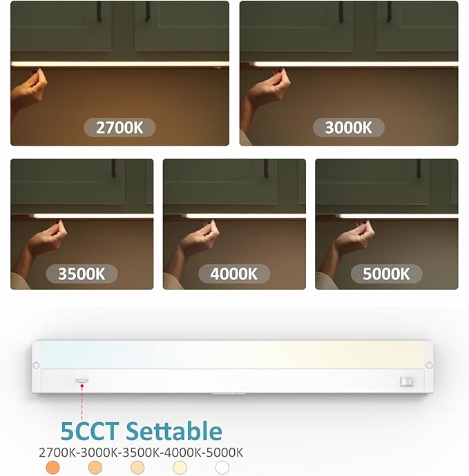 Leetdud LED Under Cabinet Lighting Hardwired or Plug in, 16 Inch 8W, Dimmable 5 Color 2700K/3000K/3500K/4000K/5000K, Linkable Eyes Care Design Counter Lights for Kitchen, Sink, ETL Listed, White