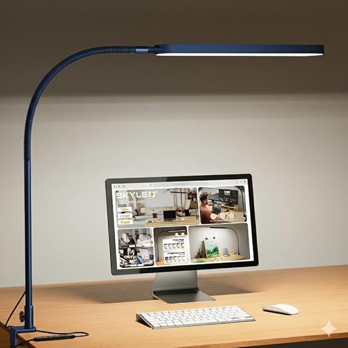 SKYLEO LED Desk Lamp - Desk Light for Home Office - Flexible Gooseneck - 5 Color Modes X 11 Brightness Levels - 1300LM - Timmer & Memory Function - 12W Clip on Light - Blue