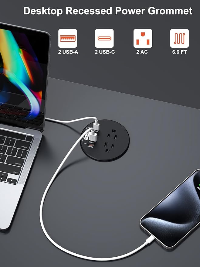 Recessed Power Grommet 3 inch with 20W USB C Ports 2 AC Outlets,Recessed Outlet Fast Charging Station,Desk Hole Grommet Outlets,Round Desktop Power Grommet Outlet for Office,Home (Black, 20W USB)