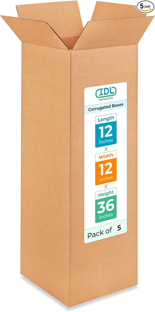 Tall Moving & Shipping Boxes 12 x 12 x 36 inches (5-Pack) - Extra Strength 200 lb vs Regular - Corrugated Boxes for Packaging Moving - Cardboard Shipping Box - Box Pack by IDL Packaging