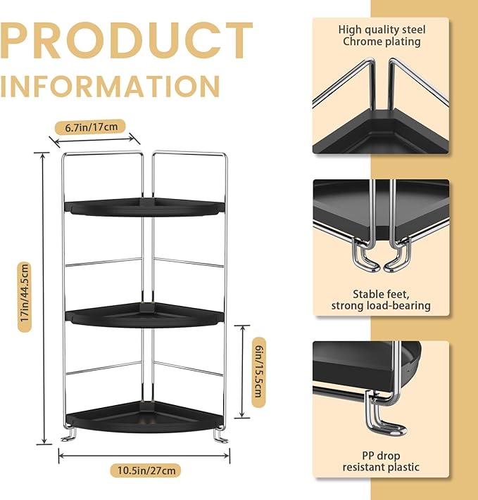 JANUS LiANG 3-Tier Corner Bathroom Organizer Countertop for Storage，Counter Tray and Vanity Organizer，Plastic Counter Organizer for Kithchen, Bathroom, Dresser 10.6 inches (Chrome + Black)