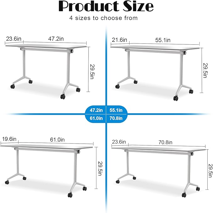 Conference Table Flip Top Mobile Conference Room Tables,Folding Conference Table with Wheels,Large Meeting Training Seminar Table Saving Space for Office Classroom (12, White, 47.2'')