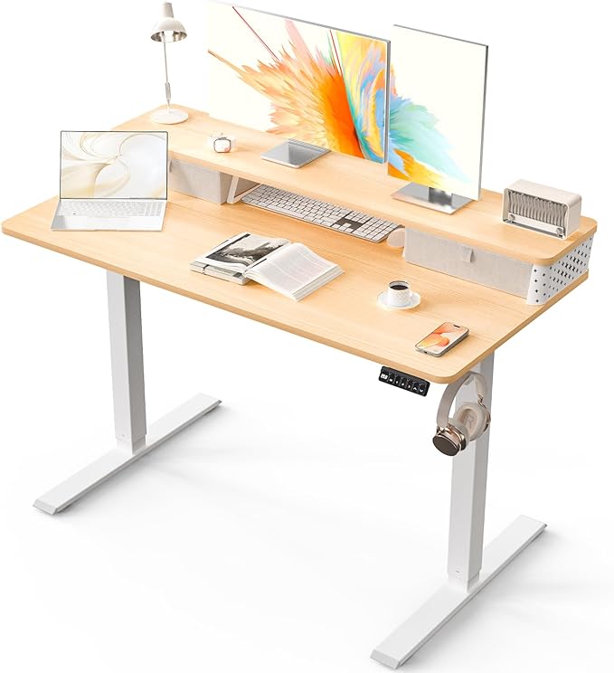 Kingant 48 x 24 Inch Electric Standing Desk with Dual Drawers, Height Adjustable Sit to Stand Computer Desk with Storage Shelf and C-Clamp Mount Compatibility for Home Office, Nature