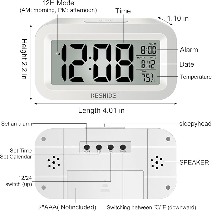 KESHIDE Travel Digital Alarm Clock, Battery Operated with Indoor Temperature, Desk Small Clock,Snooze Model,12/24H Display for Bedrooms Heavy Sleepers Kids Travel Bathroom