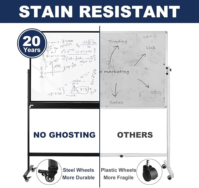 TSJ-OFFICE Rolling Clear-Glass Whiteboard on Wheels - 48" x 32" Mobile Dry Erase Board with Stand, Large Rolling White Board with 25 Sheets Paper Pad, Transparent Tempered Glass Board for Home Office