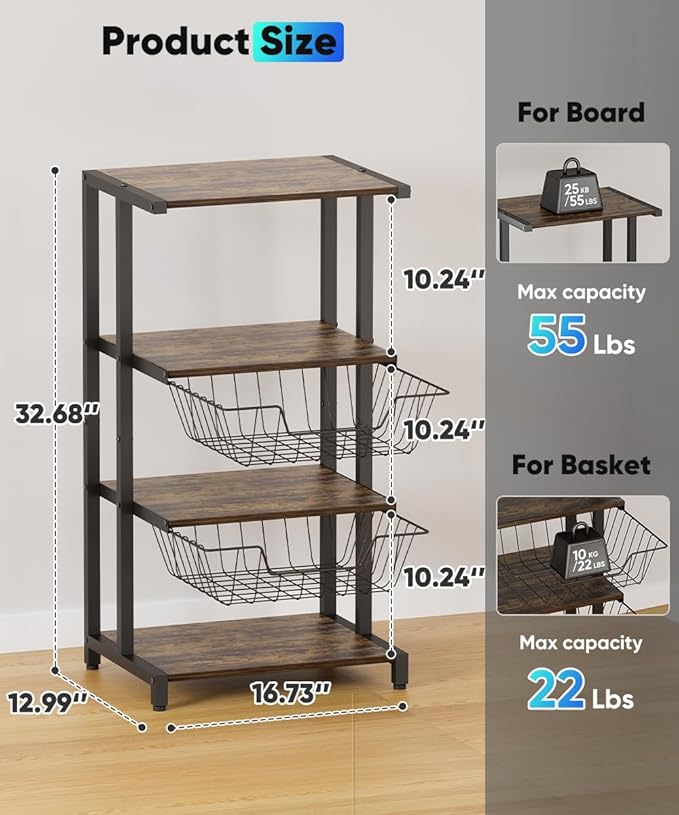 Ardier Media Stand with Two Detachable Baskets, 4-Tier AV Media Stand Corner Shelf for DVD Players/Cable Boxes/Games Consoles, Audio Storage Rack for Living Room, Gaming Room, Music Studio, Black