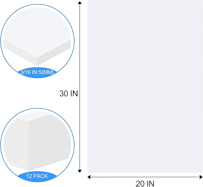 ToLanbbt 12 Pack White Foam Board, 20 x 30 x 3/16" Thick Foam Core Acid Free Poster Foamboard for Art Craft Projects, Painting, Displaying, Signage, Wedding, School