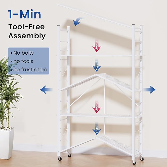 ALANNG 40" W Foldable 5-Tier Storage Shelves with Wheels, Adjustable & Removable Metal Rack, Heavy Duty Rolling Organizer for Kitchen, Garage, Closet, Pantry, and Office (White,2 Pack)