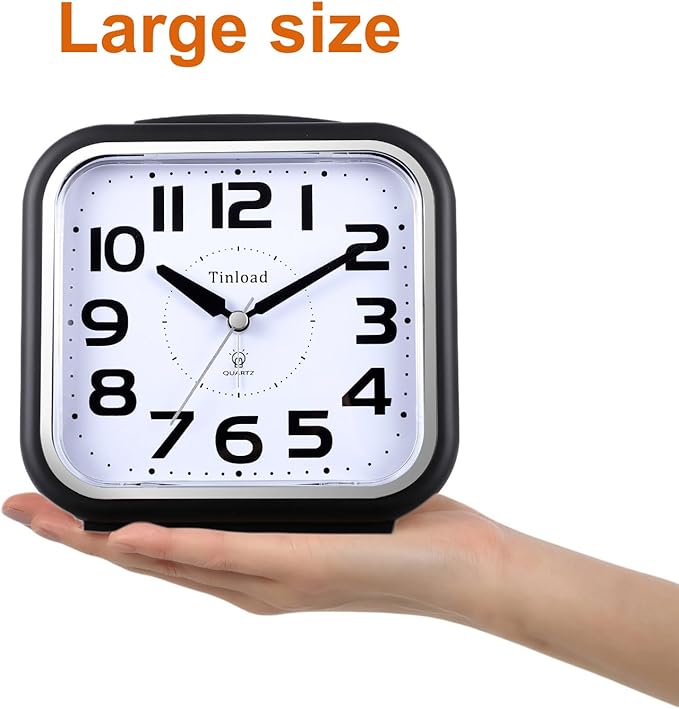 Tinload 5.5" Large Analog Alarm Clock Silent Non Ticking, Gentle Wake, Beep Sounds, Increasing Volume, Battery Operated Snooze and Manual Light, Easy Set, Black (Best for Elder)