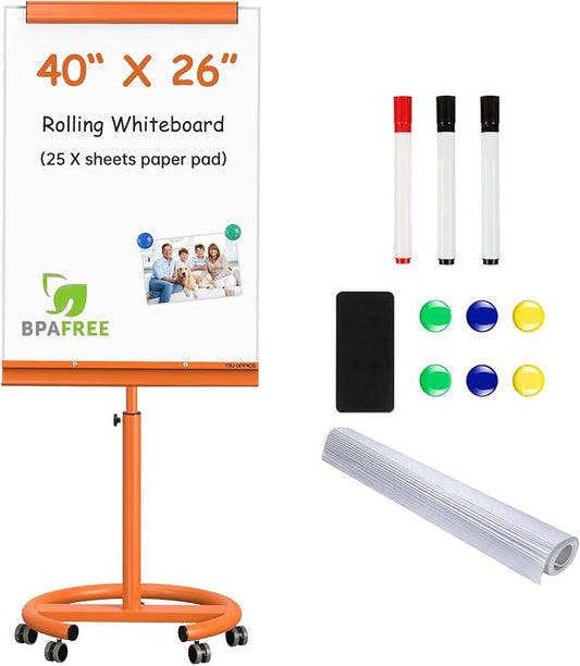 TSJ OFFICE Rolling Whiteboard Standing - 40 x 26 Inches Magnetic Mobile White Board with Stand, Height Adjustable Dry Erase Board on Wheels with Paper Clamp on Top, Orange