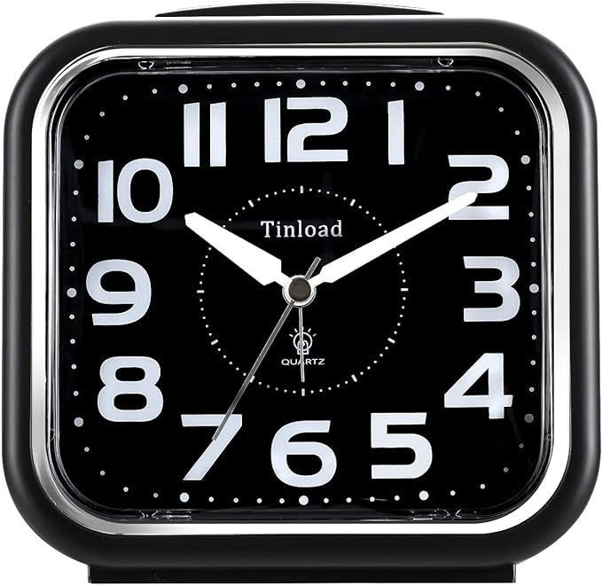 Tinload 5.5" Large Analog Alarm Clock Silent Non Ticking, Gentle Wake, Beep Sounds, Increasing Volume, Battery Operated Snooze and Manual Light, Easy Set, Black (Best for Elder)
