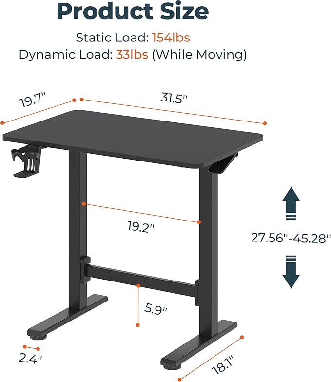 FitStand Small Pneumatic Adjustable Stand Up Desk, Rolling One-Piece Standing Desk 31.5 x 19.7 Inch, Home Office Desk Computer Workstation, Black
