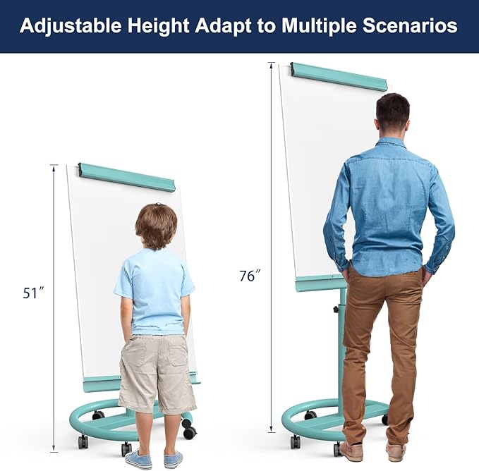 TSJ OFFICE Rolling Whiteboard Standing - 40 x 26 Inches Magnetic Mobile White Board with Stand, Height Adjustable Dry Erase Board on Wheels with Paper Clamp on Top, Light Blue