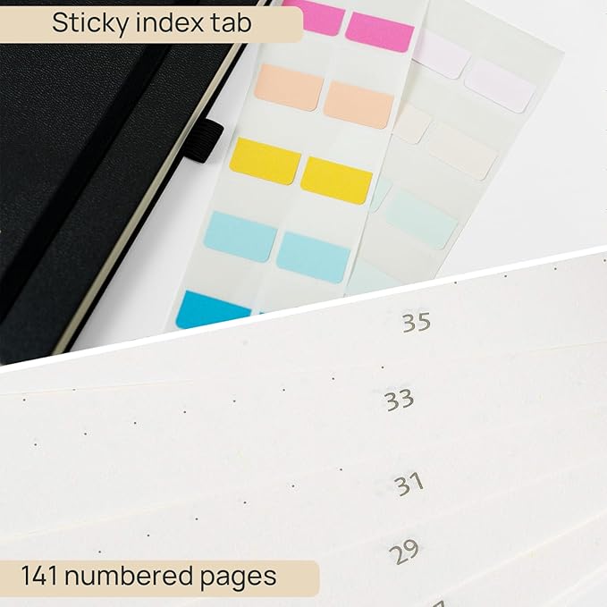 POPRUN Spiral Dotted Journal Notebook, [A5-5.75'' x 8.25''] - 120 GSM Thick Paper, 141 Numbered Pages, Hardcover for Men & Women with Pocket, Index Tabs, 8 Perforated Sheets, Black