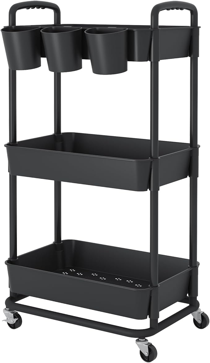 JIUYOTREE 3-Tier Plastic Rolling Storage Cart Utility Cart with Extra Hanging Cups Handles Lockable Wheels for Living Room Bathroom Kitchen Office Black