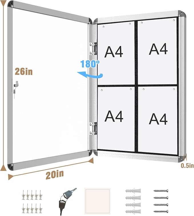 Mifuro 26"x20" Enclosed Bulletin Board, Lockable Weather-Resistant Aluminum Cork Noticeboard for School & Office, Silver Frame w/Black Flet