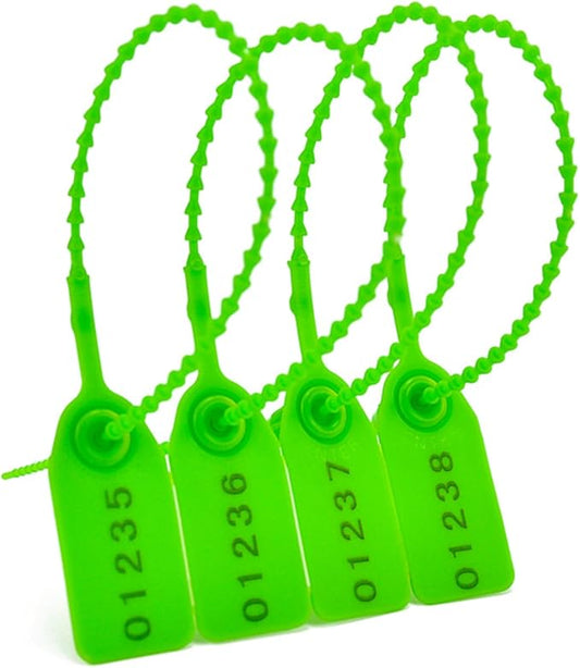 100Pcs Plastic Tamper Shipping Seals Pull-Tite Security Seal Signage Numbered Fire Extinguisher Tags Zip Ties Labels Disposable Self Locking for Logistics, Luggage,Transport (Green, 100pcs)
