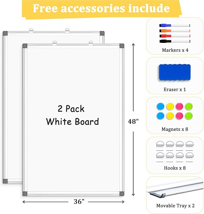 AMUSIGHT 2 Pack Double-Sided Magnetic Whiteboard, 48" x 36" Dry Erase Board, Aluminum Frame White Board for Wall, Hanging Mounting White Board Dry Erase Marker Board for Office, School, Home