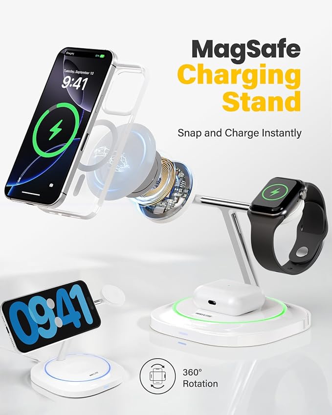 3 in 1 Magnetic Wireless Charger for Apple - Fast Charging Station Compatible with MagSafe for iPhone17-12, Apple Watch& AirPods, Phone and Watch Charger Stand for Desktop Bedside Nightstand (White)