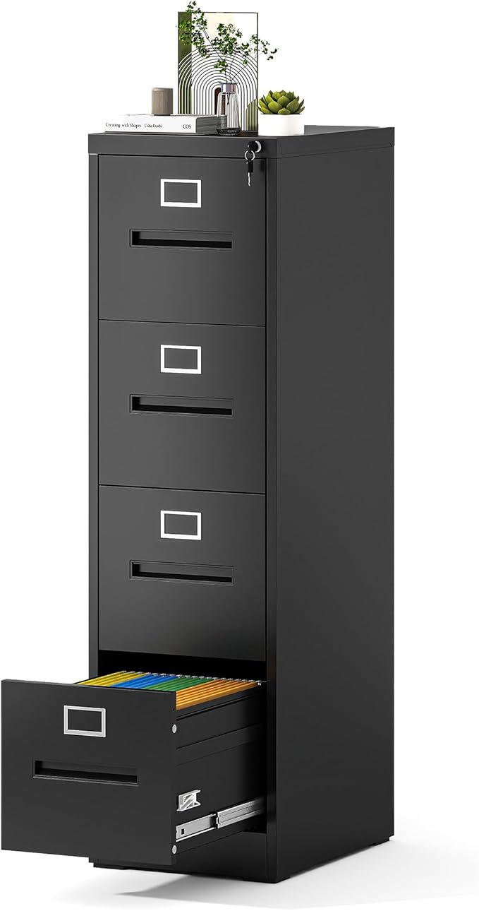 Yukimo 4 Drawer File Cabinet, Vertical File Cabinet with Lock, Metal Locking Filing Storage Cabinet for Home Office, Hanging Files for A4/ Legal/Letter, Assembly Required, Black