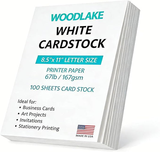 Woodlake White Cardstock Paper, 67lb/167gsm Index Card stock, Multi-Purpose paper, 8.5" x 11" Letter Size, 100 Sheets Computer Paper, Made in USA