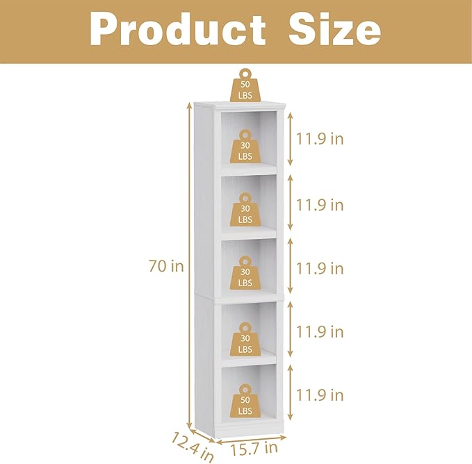 blini 5-Shelf Narrow Bookcase White Wooden Tall Bookshelves Floor Standing Display Storage Shelves Mahogany Bookcase for Home Office, Living Room, Bed Room