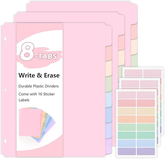 SKYDUE Durable Plastic 8-Tab Dividers, 3sets, Big Tab Dividers for 3 Ring Binder, Write&Erase 3 Ring Binder Dividers with Tabs,with Sticker Labels, Pink