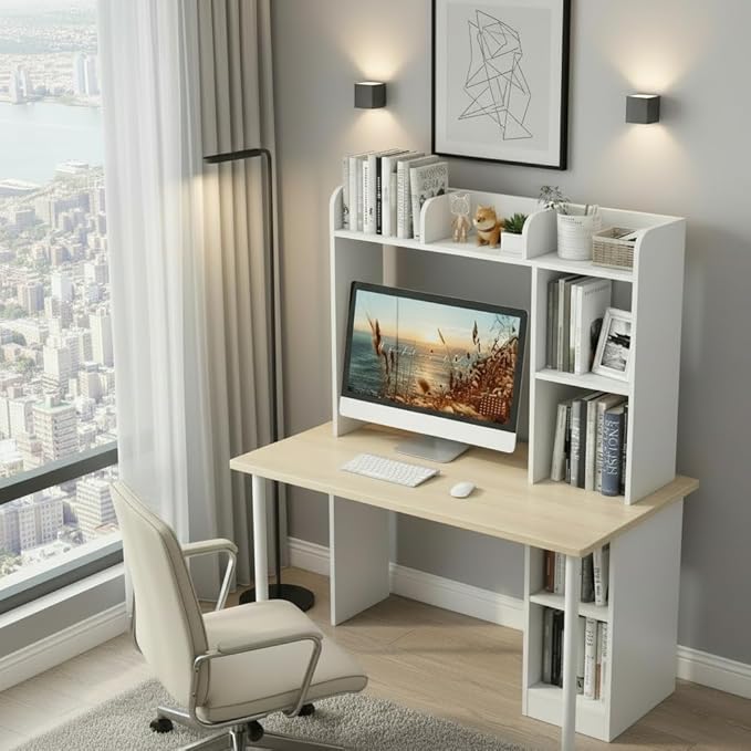 Tangkula Desktop Bookshelf, Countertop Storage Hutch with 5 Shelves for Computer Desk, Desk 3-Tier Display Rack, Multipurpose Wood Desktop Hutch Storage Organizer for Dorm Office Home