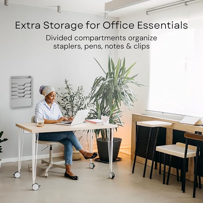 MAXXBUILD 4 Tier Wall Mounted File Organizer, Metal Task Rack for Office Documents, Mail & Folders, Space-Saving Office Wall Organizer, Graywhite 19.5”H